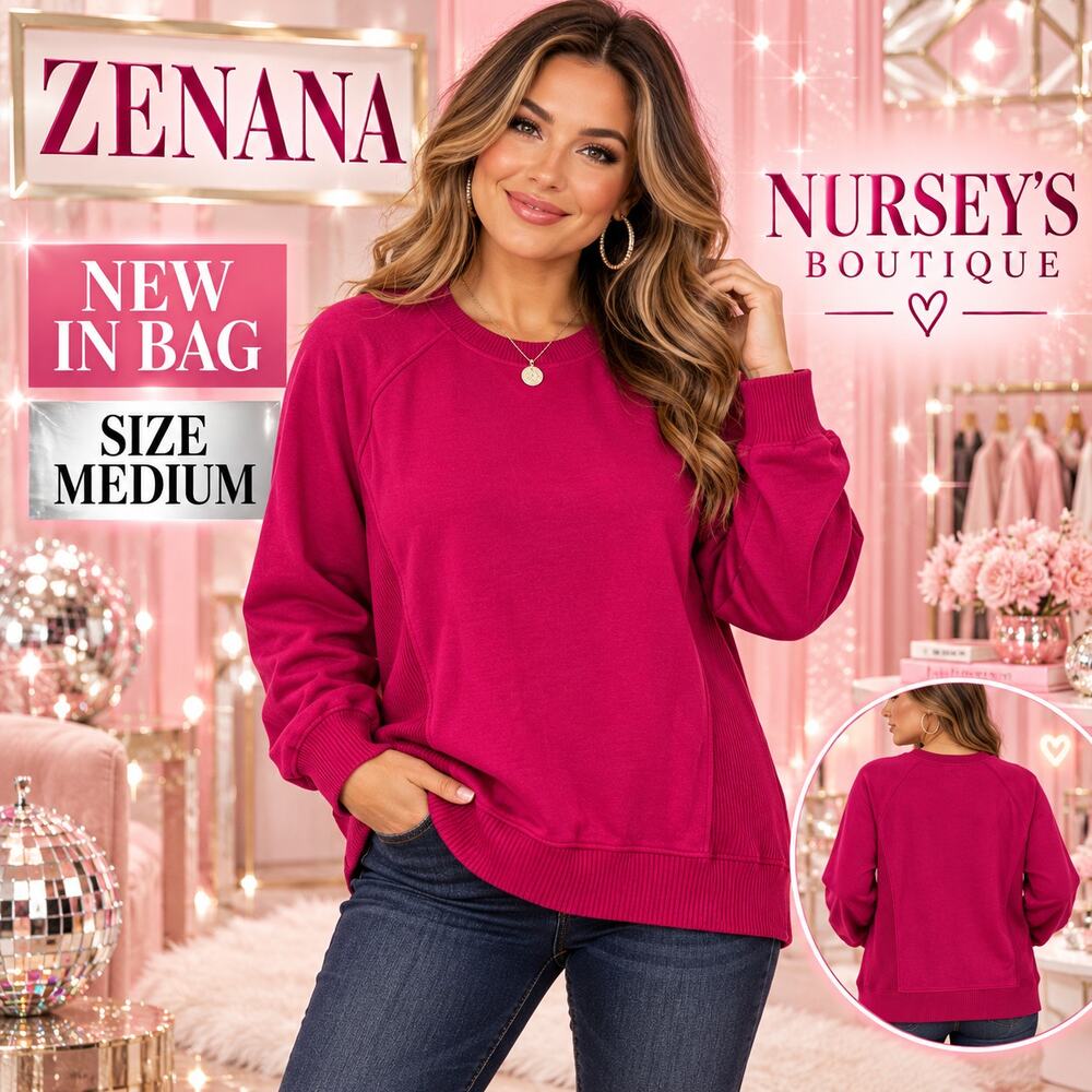 Zenana Fuchsia Ribbed Side Raglan Fleece Sweatshirt Women’s Medium NIB